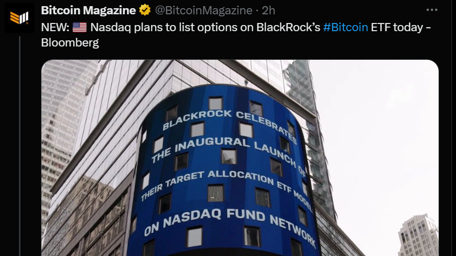 Nasdaq plans to list options on BlackRock’s #Bitcoin ETF today - Bloomberg